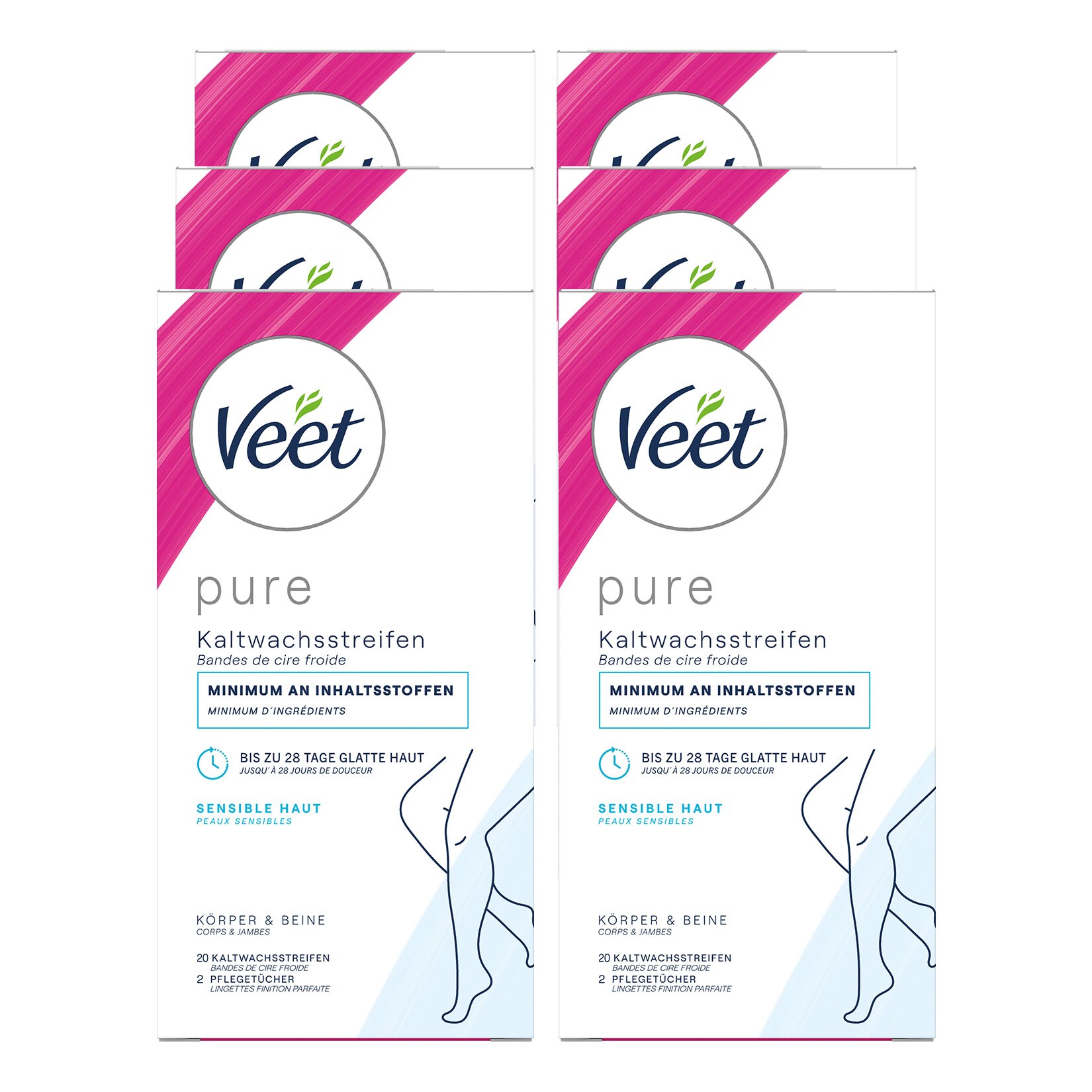Veet PURE Kaltwachsstreifen Beine & Körper sesible Haut 20 Stück, 6er Pack