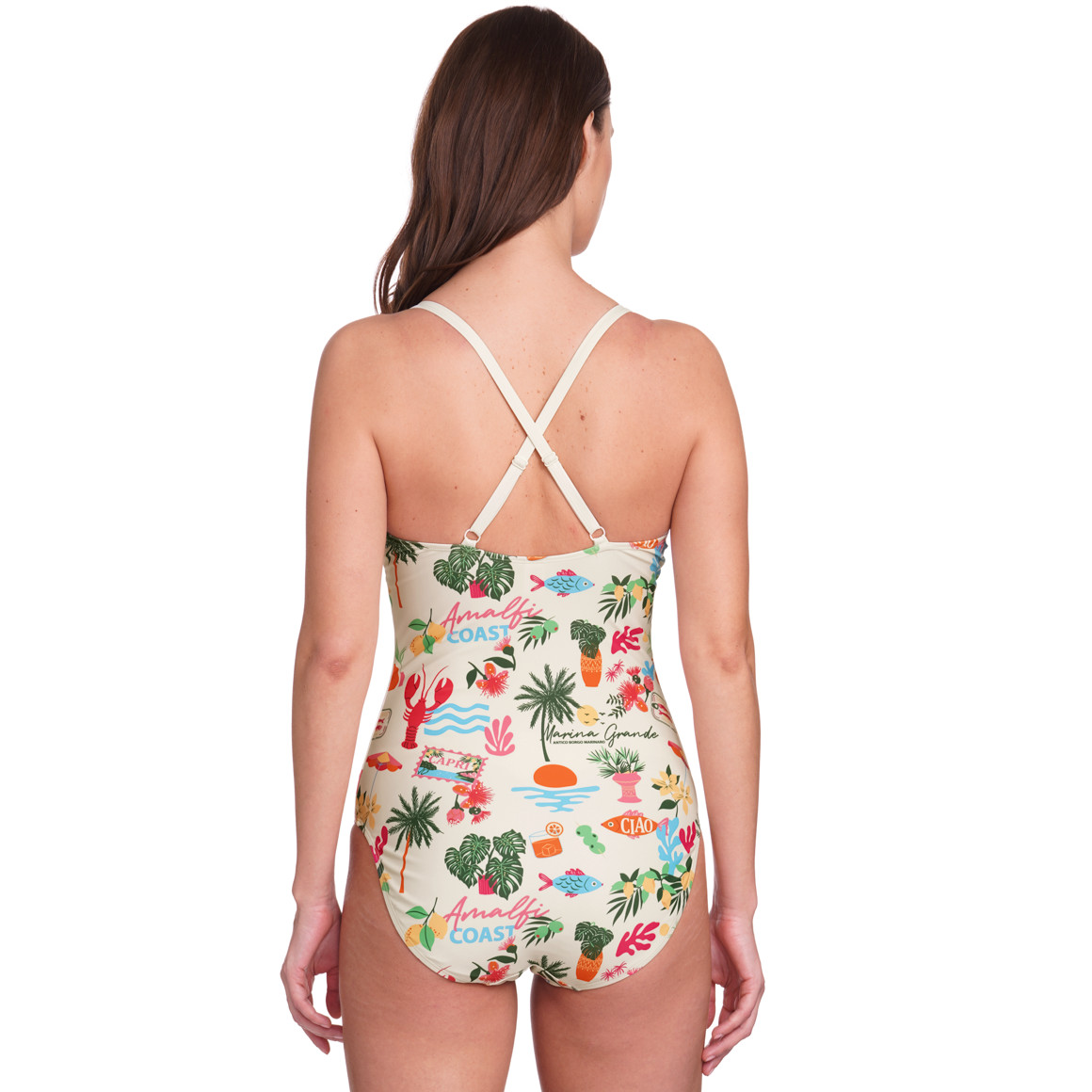 Jonas Nielsen Damen Shape-Badeanzug mit Urlaubs-Muster weiss / bunt