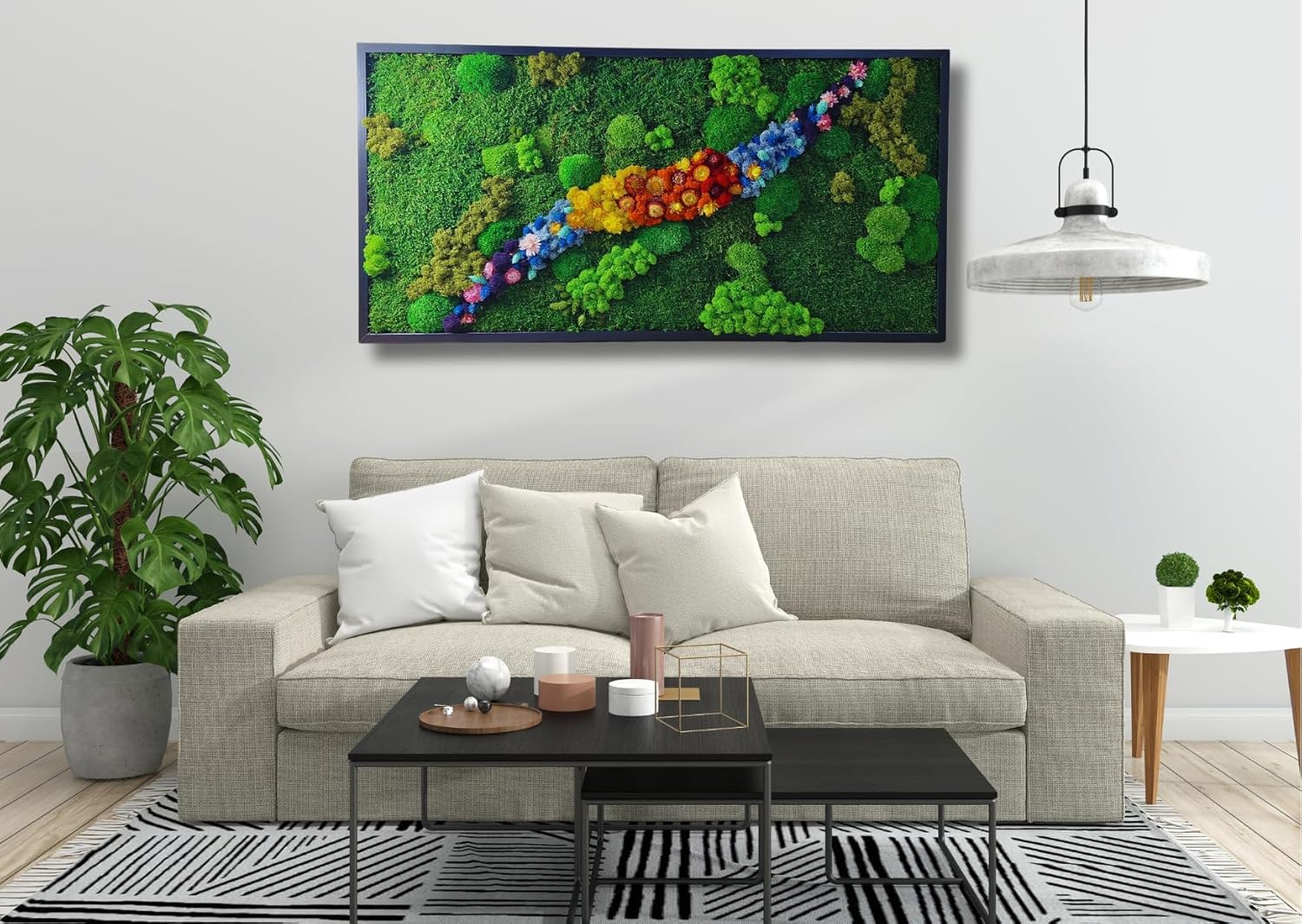 HelloMoss Moosbilder mit Rahmen 110x50cm - Moosbild XXL mit Island Moos Konserviert - Luxus Deko für Ihr Zuhause - Mooswand Deko Wohnzimmer Groß