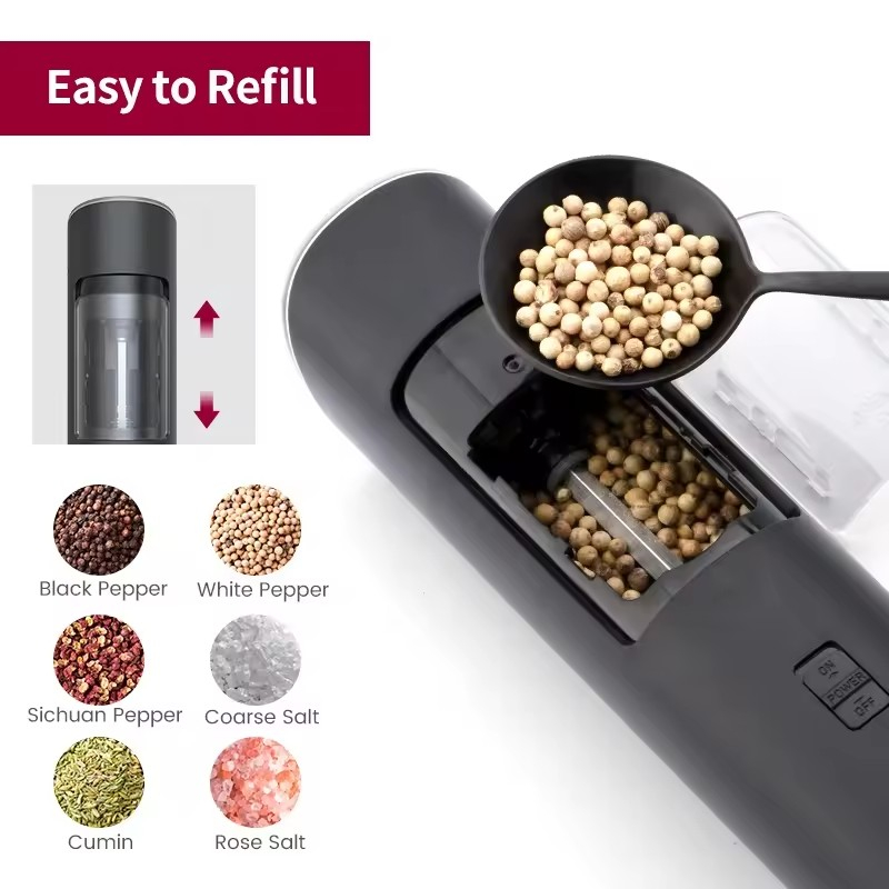 Elektrische Pfeffermühle Salz Grinder Automatische Gewürzmühle mit LED Licht (Batteriebetrieben) - Schwarz