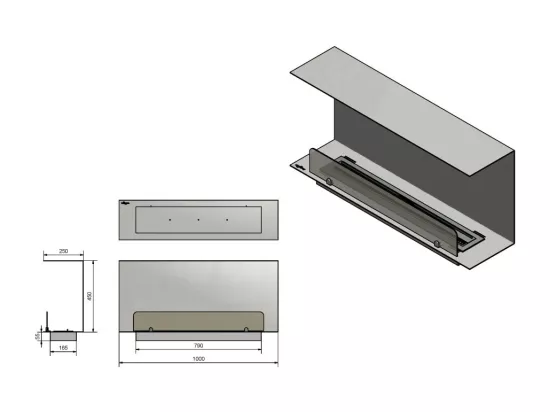 Cheminée au bioéthanol encastrable design C1000 V.1 avec vitre ouverte sur 3 côtés et brûleur de 2 litres