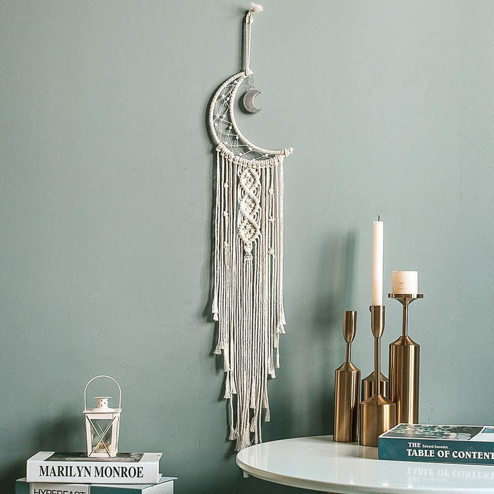 (94x6cm) LED Mond Makramee Traumfänger Boho Home Wand Deko Geknüpftes Hygge Lifestyle Accessoire - Warmweiss