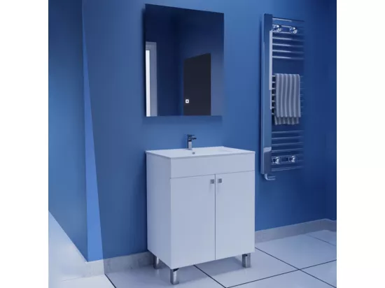 Meuble salle de bain Sous-vasque 60 cm avec 2 portes + Miroir couleur blanc brillant - Longueur 60 x Hauteur 80 x Profondeur 45 cm