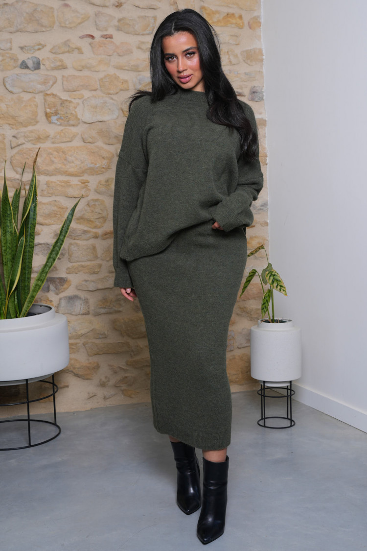 Ensemble 2 pièces pull + jupe kaki texturée
