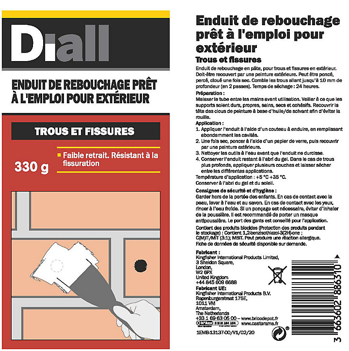 Enduit de rebouchage extérieur prêt à l'emploi DIALL 330g