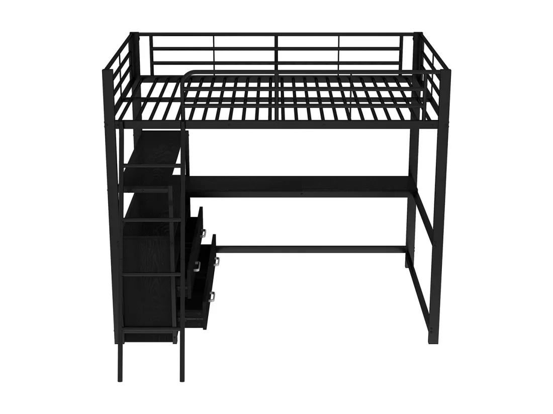 Lit mezzanine enfant 140x200 lit à cadre en fer tiroirs pratiques bureau élégant en L design stratifié Noir