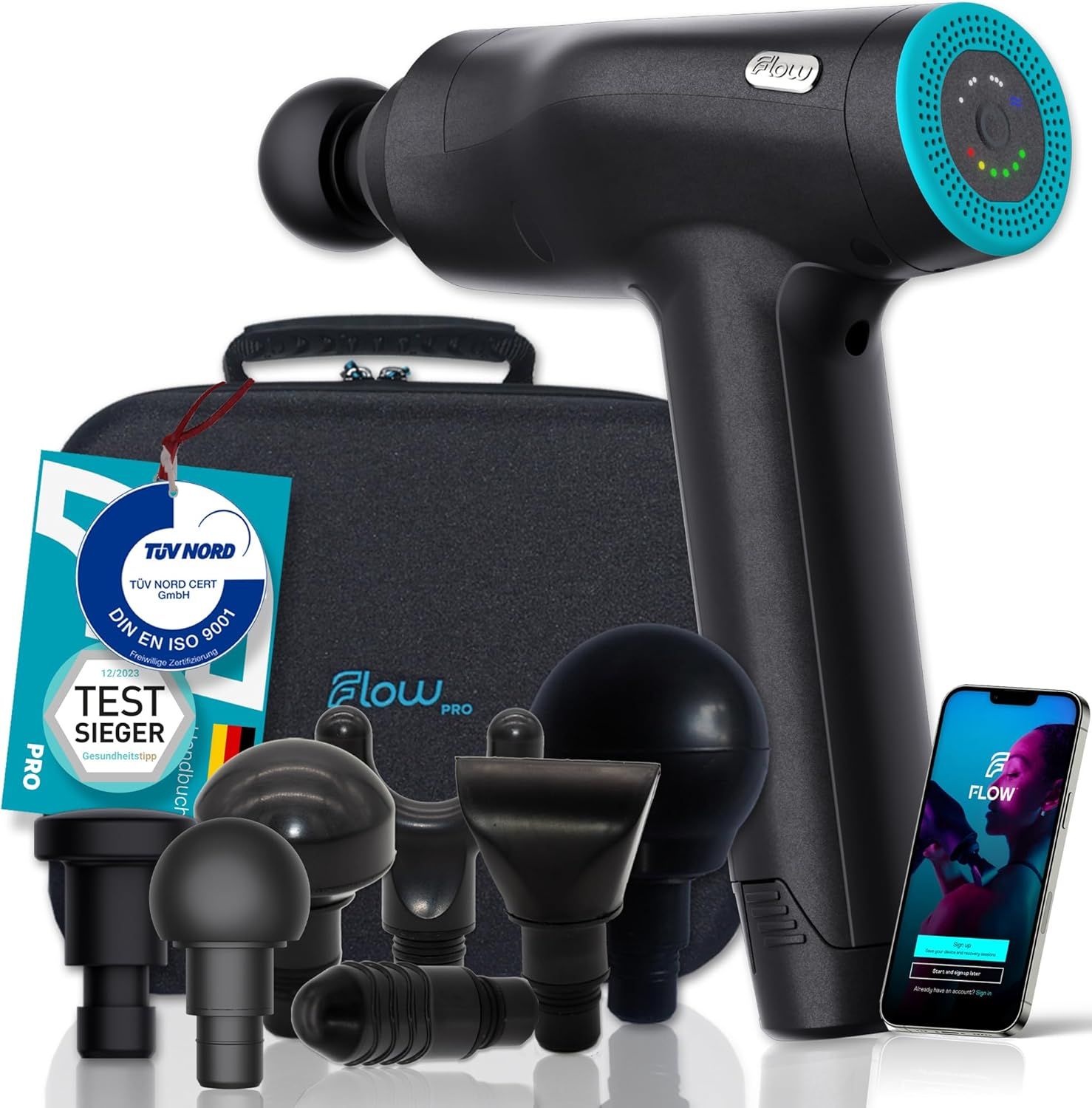 Flow® PRO Massagepistole. Starke Profi Massagepistole. TÜV ISO 9001 zertifizierte Qualität
