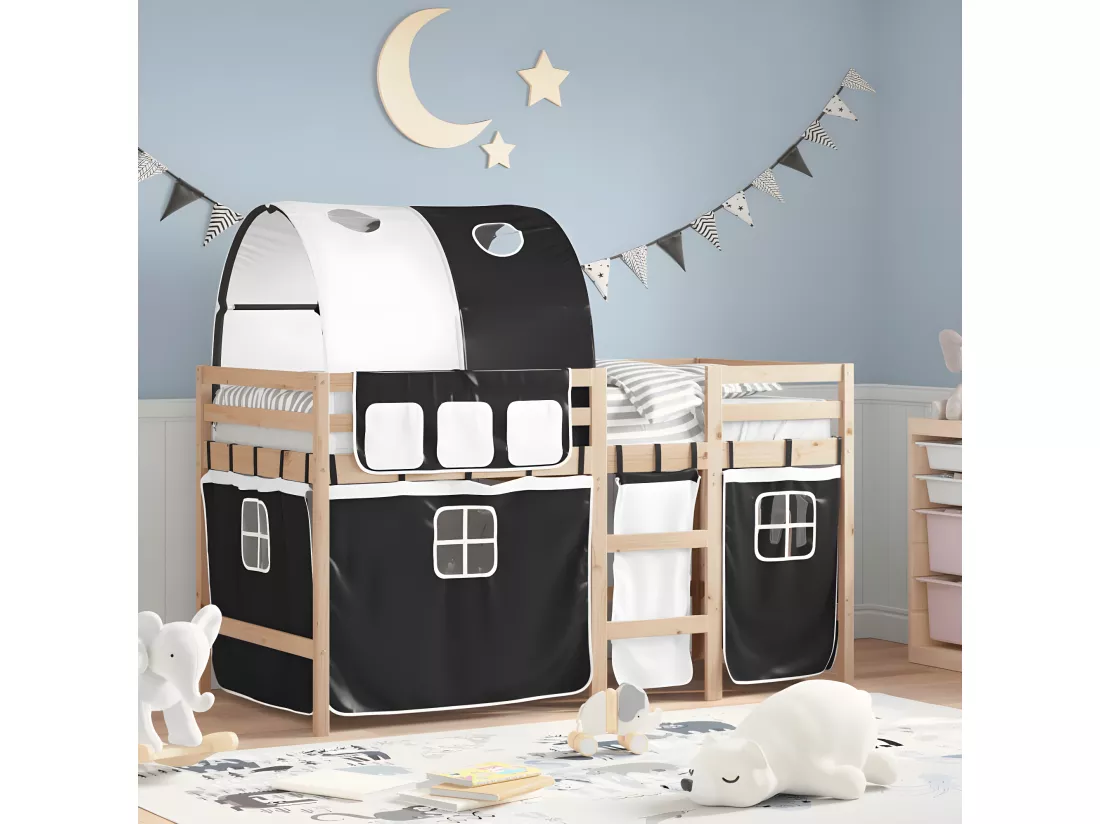 Lit mezzanine enfants et tunnel blanc/noir 90x200 cm pin massif