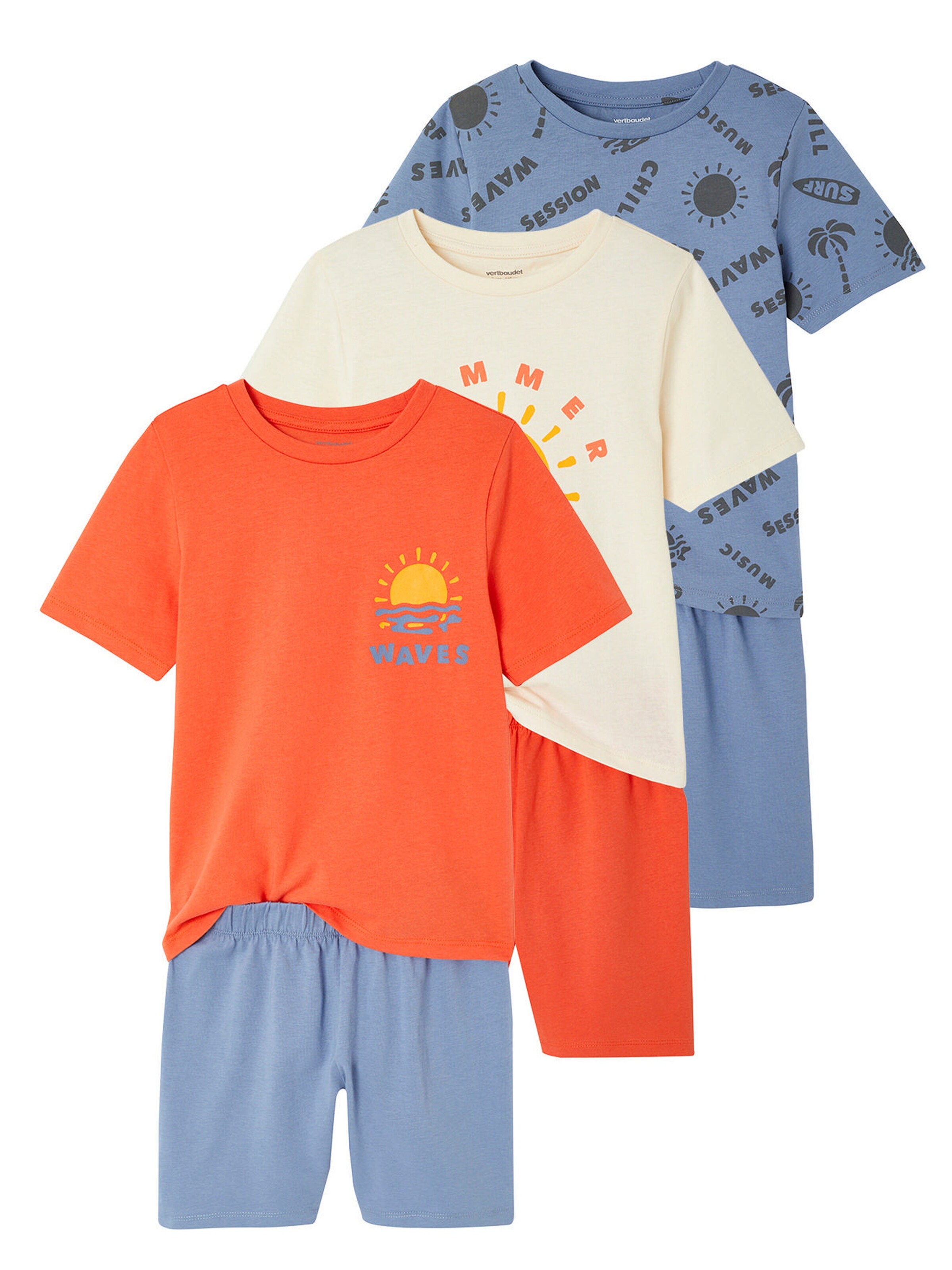 Vertbaudet 3er-Pack Jungen Sommer-Schlafanzüge mit Surfer-Prints und Recycling-Baumwolle mandarine