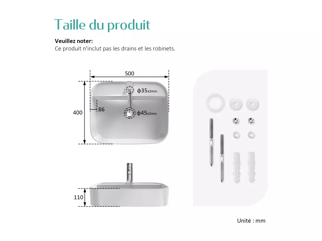 EMKE Vasque à Poser en céramique 50×40×11cm, Lavabo rectangulaire avec robinet trou prépercé, Lavabo à poser blanc brillant