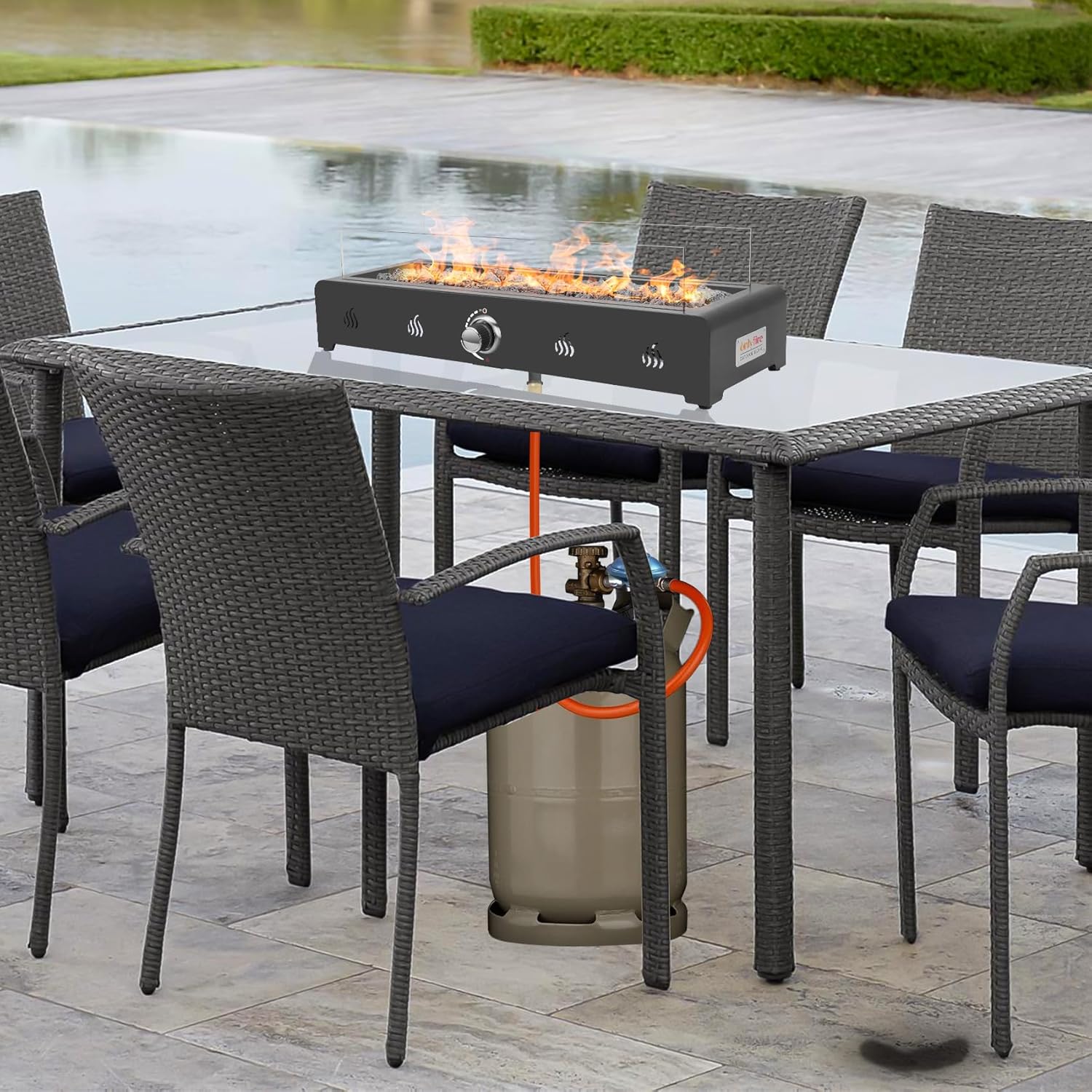 onlyfire 72cm Tisch-Gas-Feuerstelle, 6.5 kW Propan Gas Terrassenfeuer Tischkamin mit Unterer Lufteinlass, Glaswindschutz & Lavastein, Rechteckig Tischfeuerstelle Outdoor für Terrasse Garten