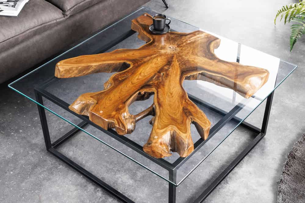 Industrial Couchtisch TEAK ROOT 70cm braun Teakholz Metall Glastisch handmade