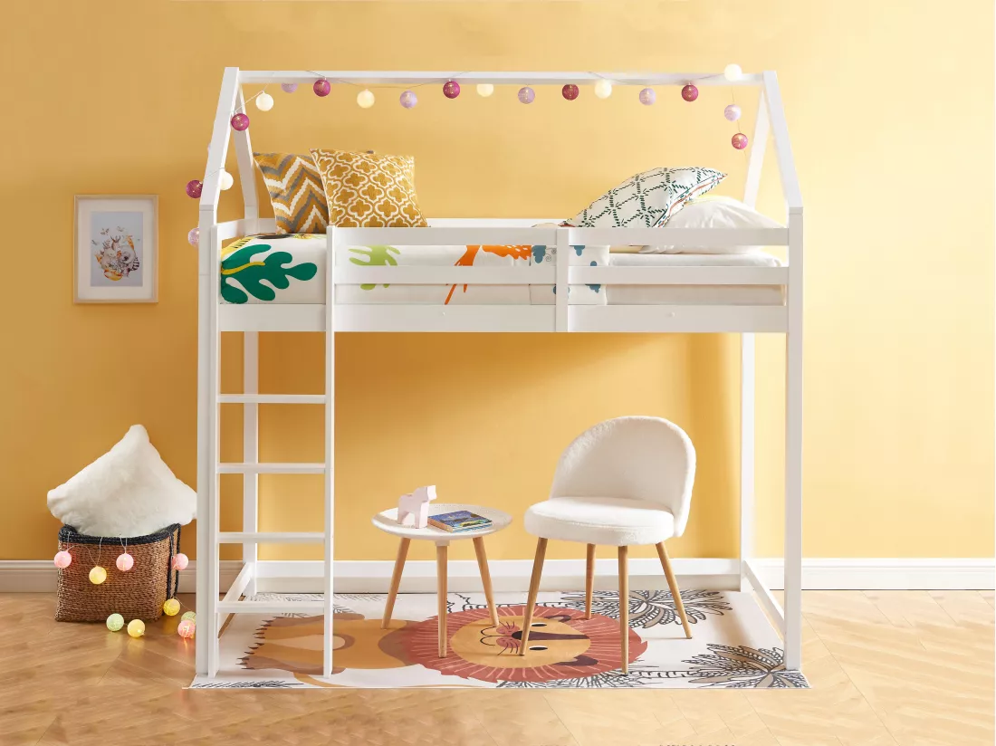 Lit mezzanine cabane 90 x 190 cm - Pin massif - Blanc - TARZIA