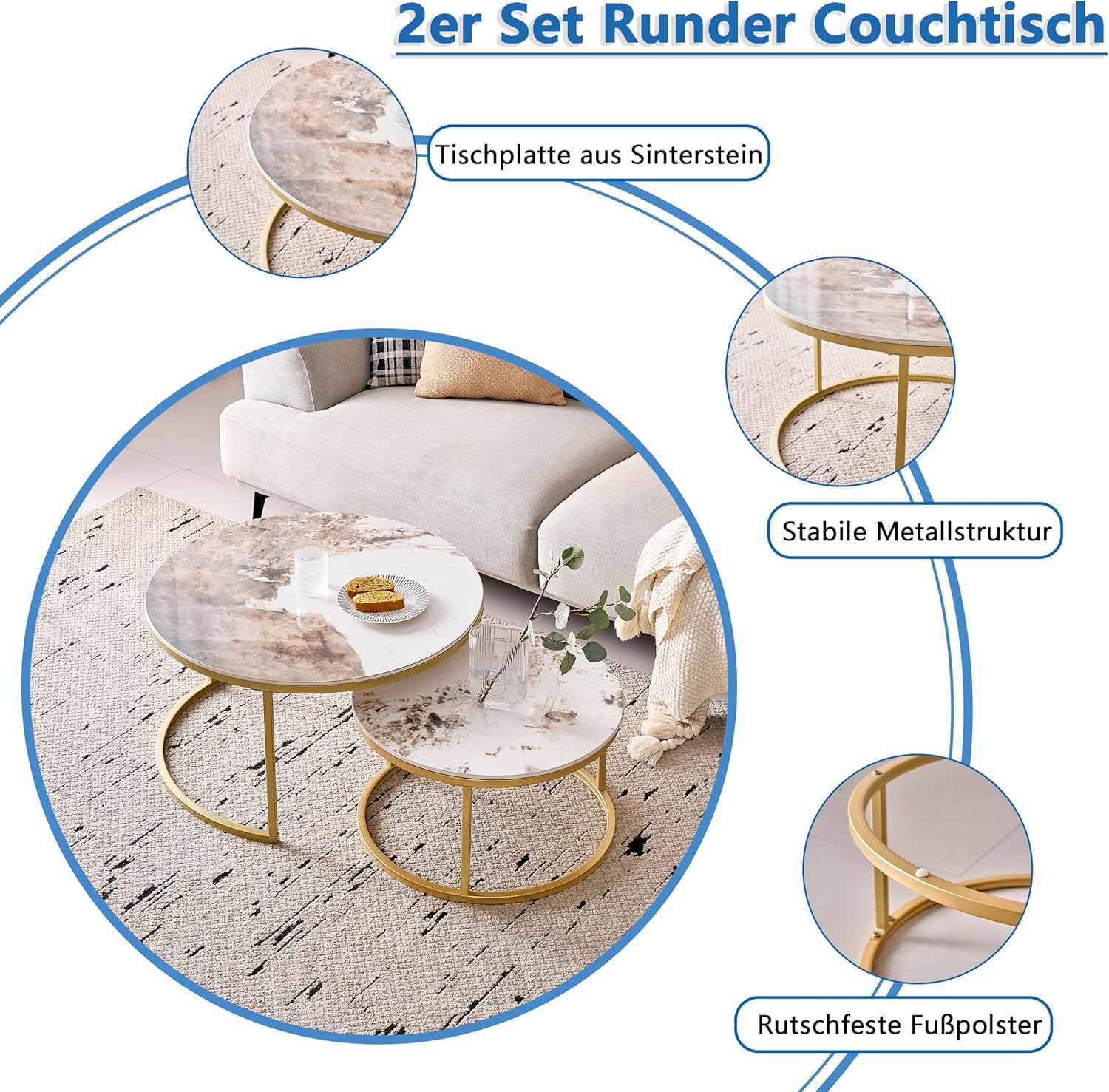 Runden Couchtisch 2er Set, Moderne Satztische mit Keramikplatte (Keine MDF-Platte), Ideal für Wohnzimmer, Schlafzimmer, Balkon und Büro (Pandora+Gold), 60+80cm