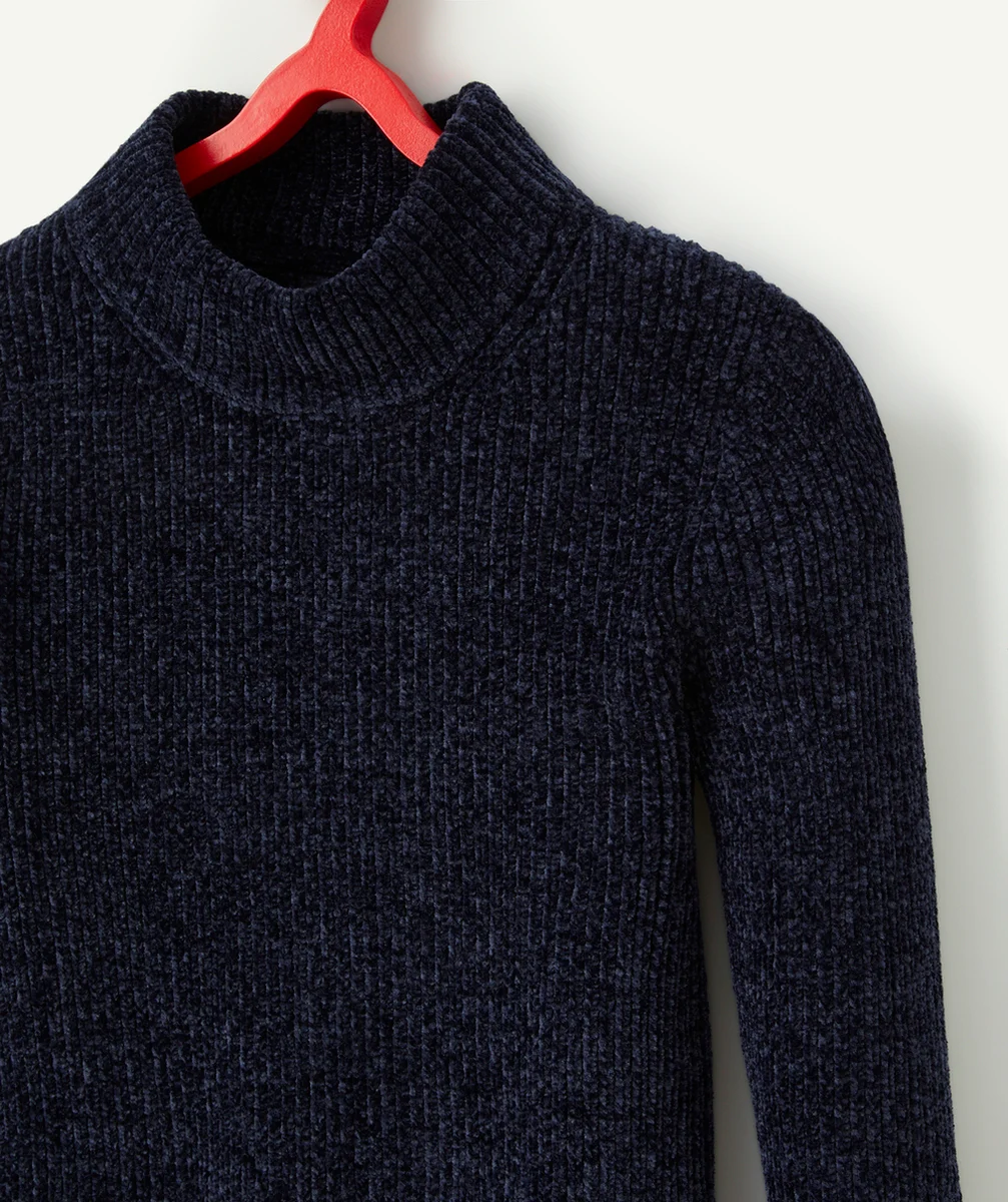 PULL MANCHES LONGUES FILLE EN MAILLE CHENILLE BLEU