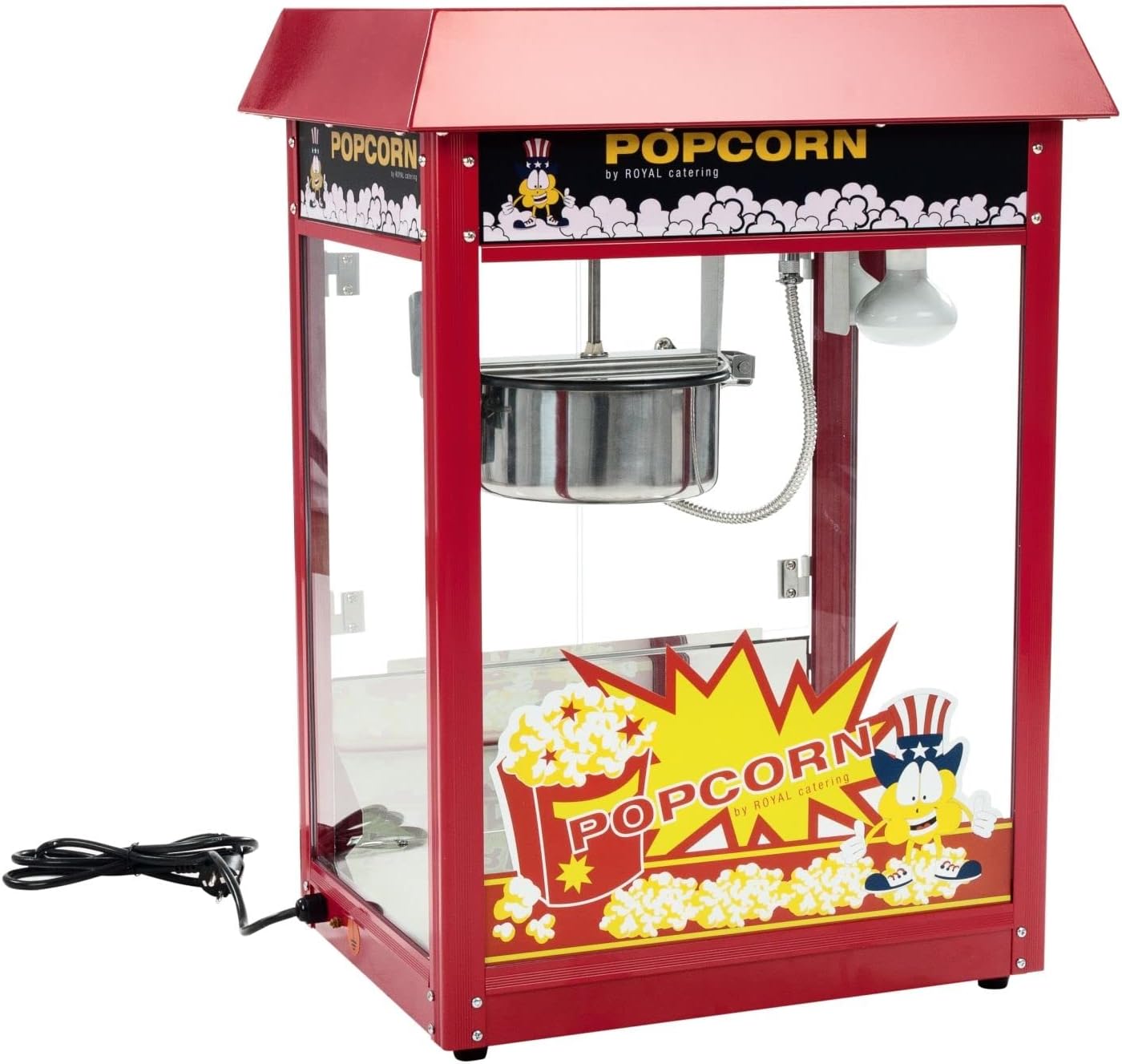Royal Catering Popcornmaschine Retro-Design in Rot 1500 W 5 kg/h beleuchteter Innenraum Wärmefunktion entnehmbarer Topf mit Antihaftbeschichtung Krümelschublade Popcornmaker Popcornautomat