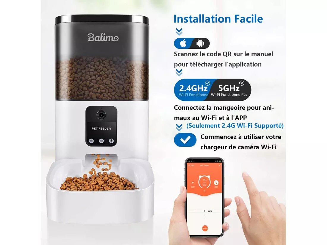 Balimo Distributeur de Croquettes Automatique 4L pour Chats/Chiens avec Webcam WiFi 2.4G,avec Contrôle APP, Caméra HD 1080p,​Enregistrement Vocal