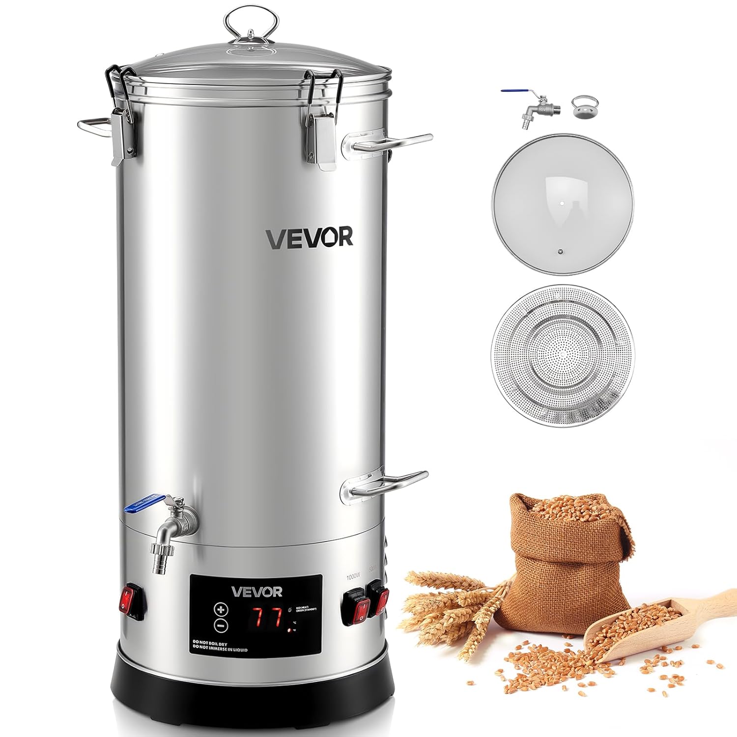 VEVOR elektrisches Bierbraugerät Bierbrauanlage Braukessel 30 L Hausgebrauch, Gehäuse aus Edelstahl 304, Maischekochgerät mit integriertem Innenfass & verstärktem Griff & Wasserhahn, Brausystem