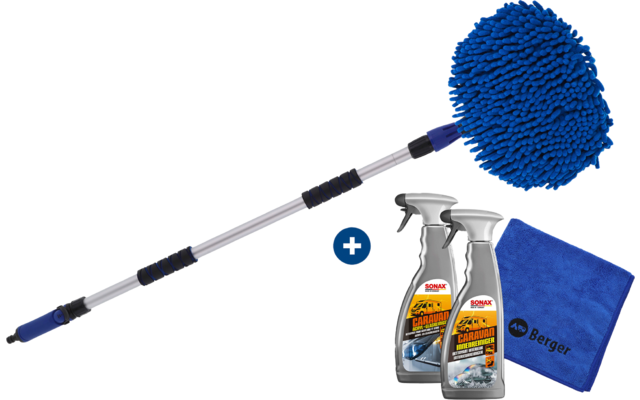 Berger Waschbürsten Set 4-teilig inkl. Mikrofasertuch, Sonax Innenreiniger & Sonax Acryl- und Glasreiniger