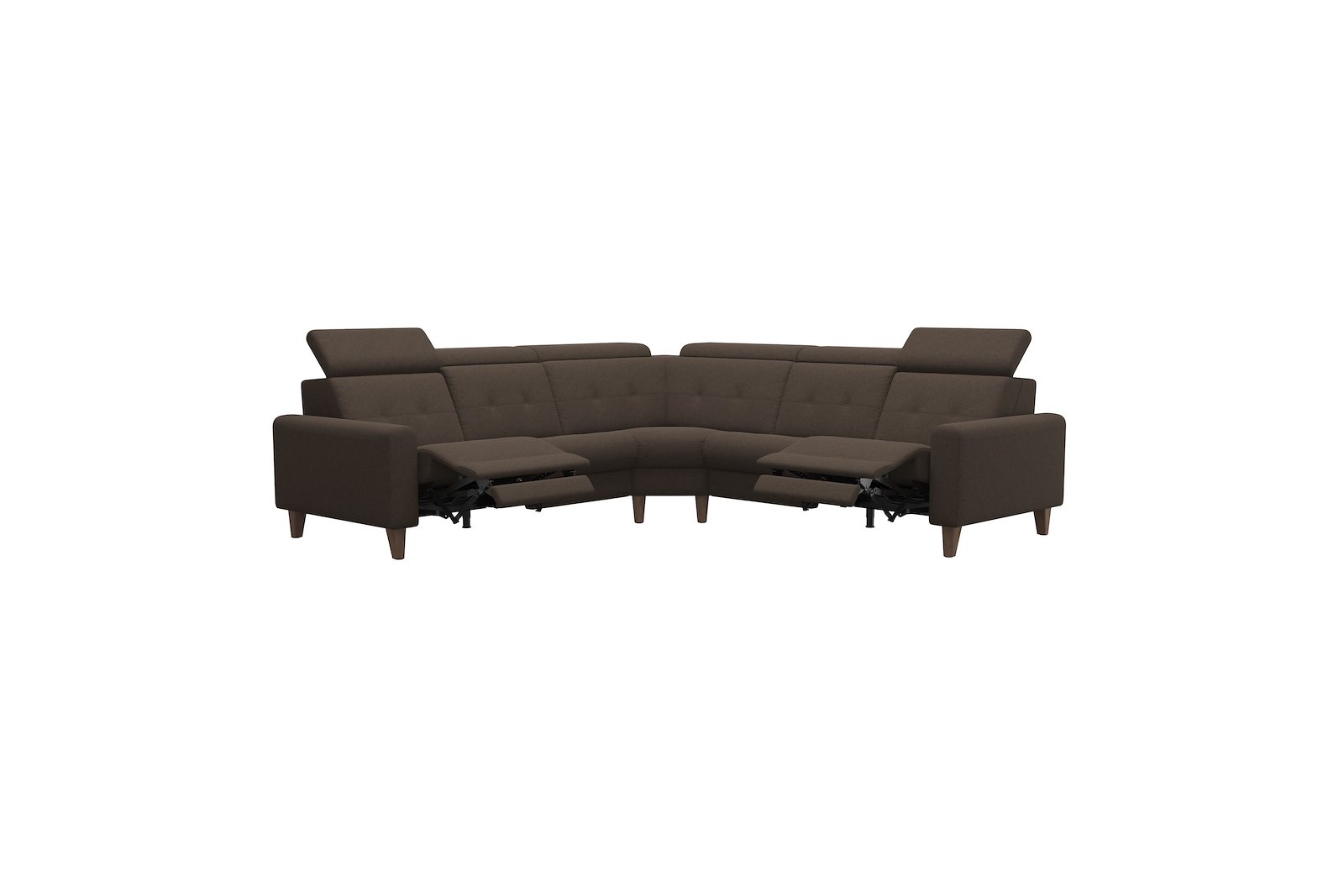Anna C22 hjørnesofa (PMCMP) Tekstil Calido Brown med A1 arm og valnøttbeisede skrå ben, 14 cm. (Power-Manual-CornerManual-Manual-Power)