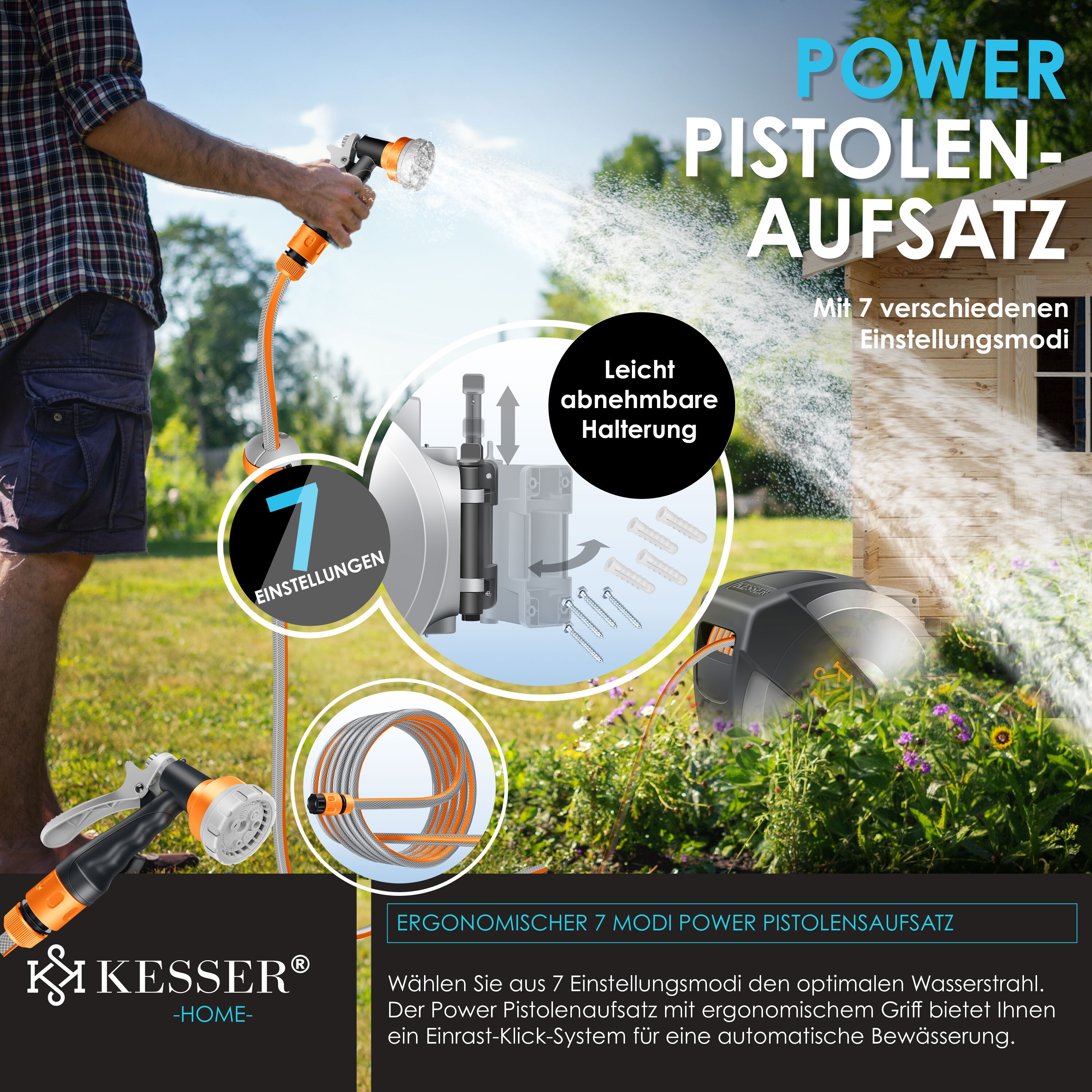 KESSER® Schlauchtrommel mit Gartenschlauch | Wasserschlauchtrommel zur Wandmontage | Wandhalterung | 180° schwenkbar & automatische Aufrollung | Wand-Schlauchbox inkl. 7-Funktionen Handbrause