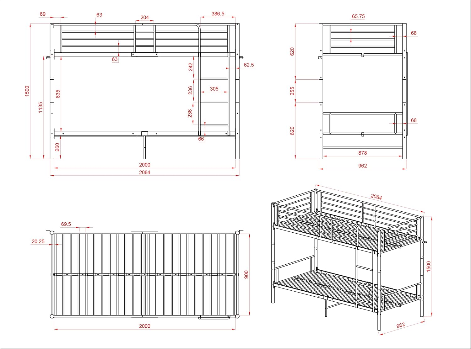 Etagenbett 90x200cm mit Lattenrost, Kinderbett mit Leiter und Rausfallschutz, Hochbett Stockbett - Schwarz