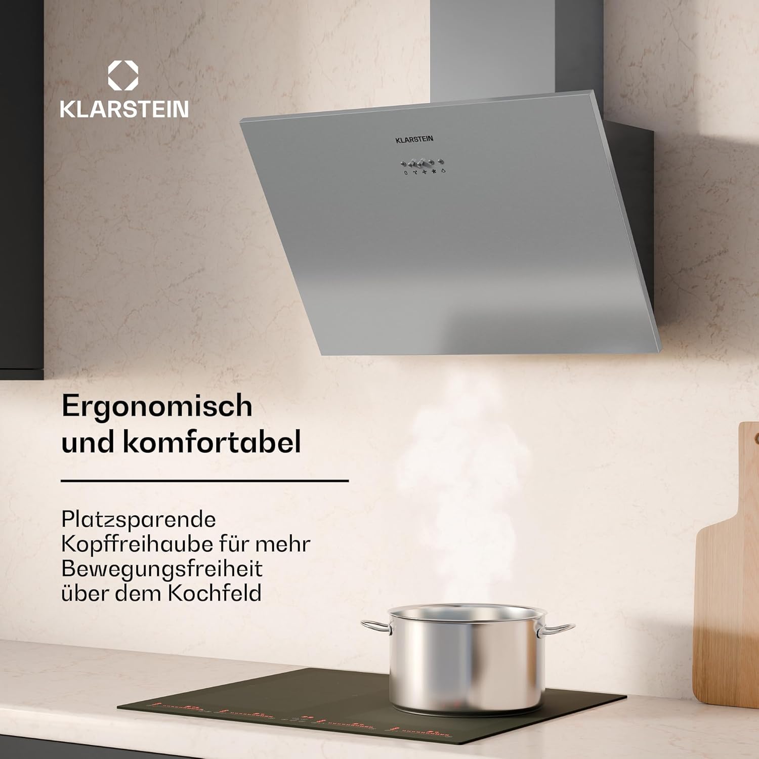 Klarstein Silver Lining - Dunstabzugshaube Kopffreihaube, EEK A, Umluft- oder Abluftbetrieb, 3 Leistungsstufen, Touchcontrol, Schräghaube, Wandhaube, 600 m³/h, 60 cm, hellsilber