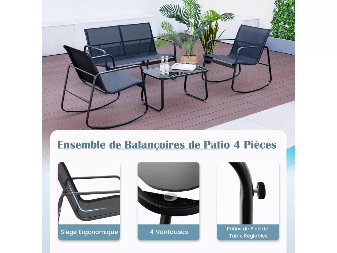 Salon de Jardin 4 Pièces avec Chaises à Bascule Table en Verre et Causeuse, Ensemble de Meuble Extérieur Cadre Métallique Charge 150KG, pour Porche Bord de Piscine Balcon, Noir