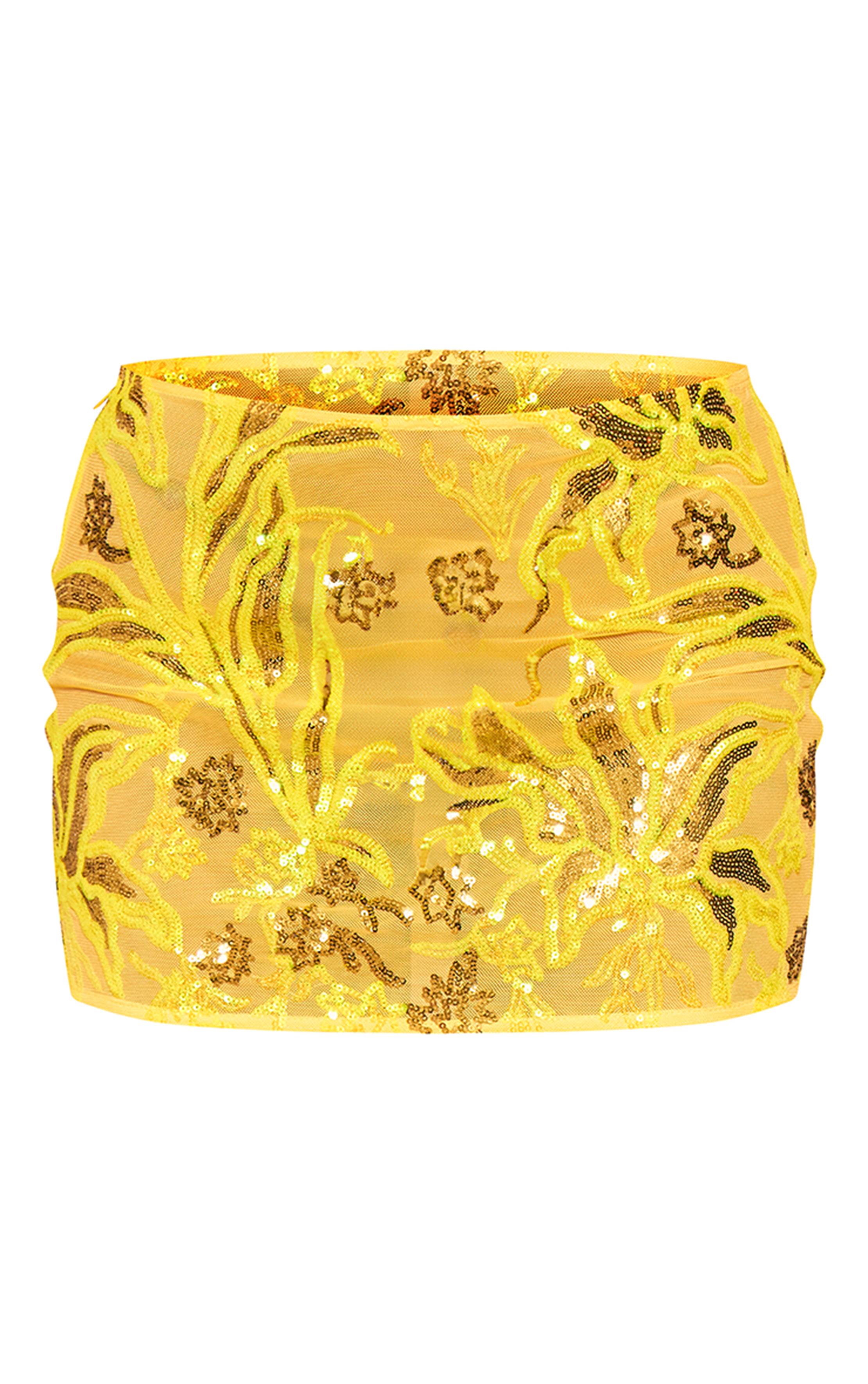 Jaune Ensemble Jupe Courte À Sequins Motif Floral