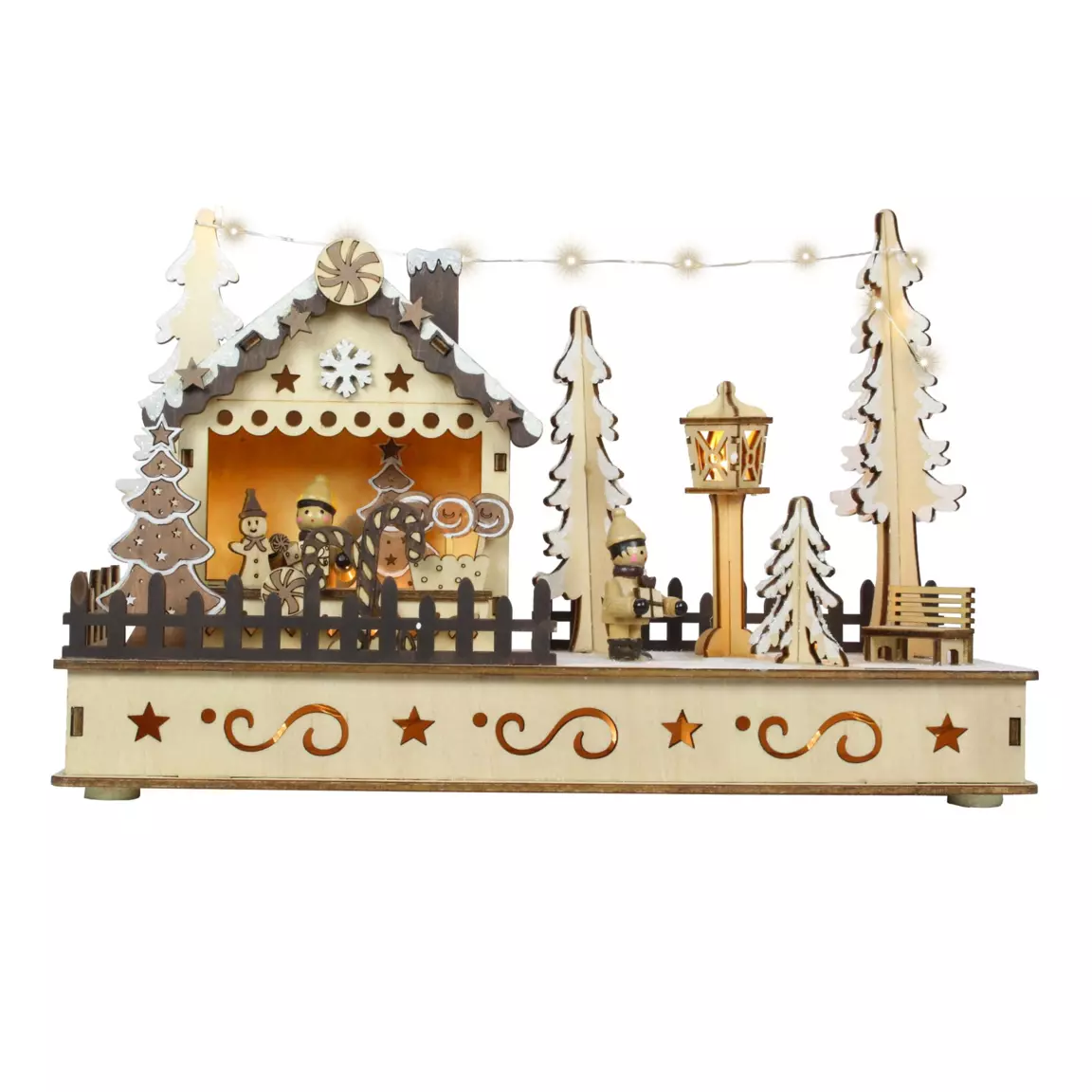 Village de Noël en bois lumineux à piles (H18 cm) Bonbons de Noël