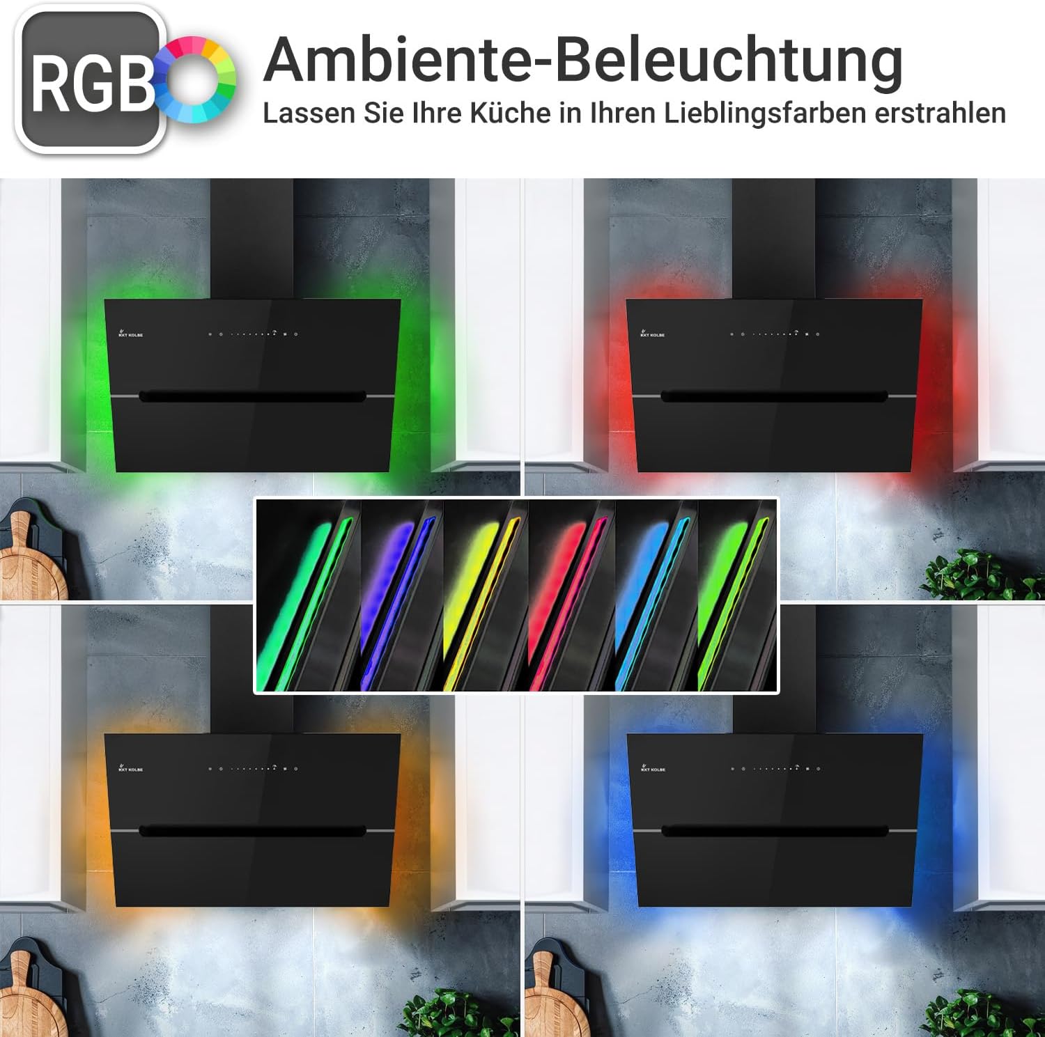 KKT KOLBE Dunstabzugshaube 80 cm | 782 cbm/h Umluft Abluft | Kopffrei | Wandhaube | Schwarz Glas | Smart WiFi App WLAN | RGBW-LED-Beleuchtung | ECCO8005SM