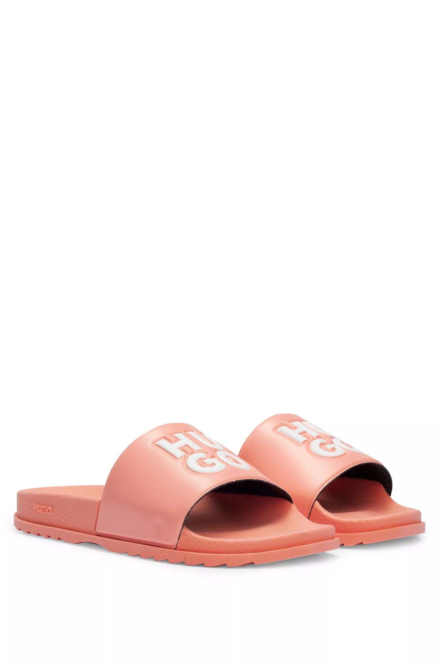 Chinelo HUGO vermelho, fabricado na Itália, com logotipo contrastante em camadas.