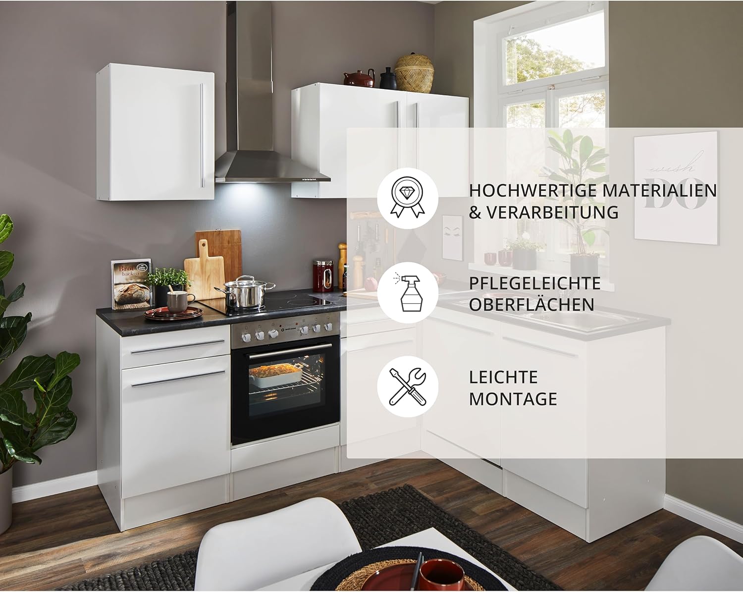 Stella Trading Jazz 8 Moderne Eckküche mit Elektrogeräten in Weiß Hochglanz, Metallic Grau - Geräumige Küchenzeile in L-Form mit viel Stauraum - 220 x 211 x 60 cm (B/H/T)