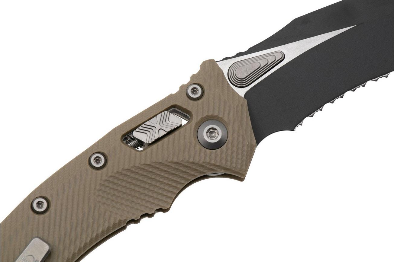 Microtech Amphibian 137RL-2FLGTTA, Two Tone Black M390MK, Fluted Tan G-10, partly serrated zakmes