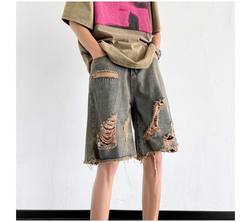Whyessa - Gewassen, versleten denim shorts met wijde pijpen