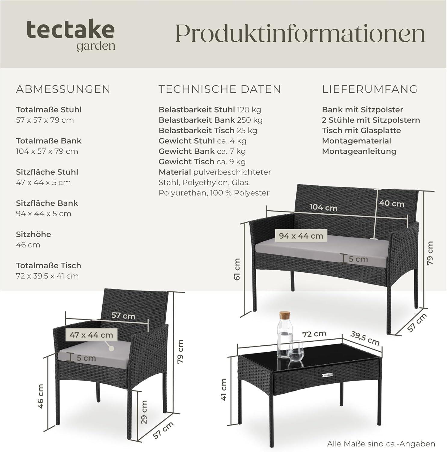 tectake® Rattan Gartenmöbel Set, Outdoor Lounge Möbel,1x Gartenbank, 2X Stuhl, 1x Balkontisch, mit Outdoor Kissen wetterfest, Balkonmöbel Kleiner Balkon, Lounge Gartenmöbel, Terrassenmöbel - schwarz