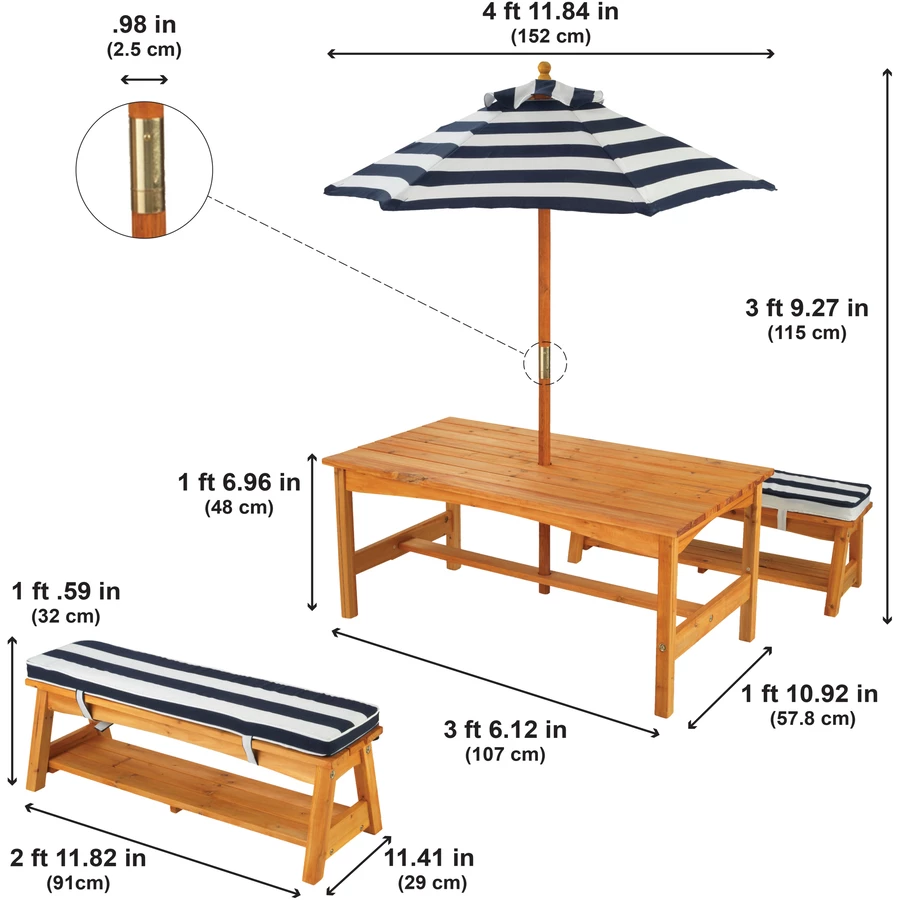 Kidkraft® Kinder Gartengarnitur mit Bänken, Kissen und Sonnenschirm, marineblau