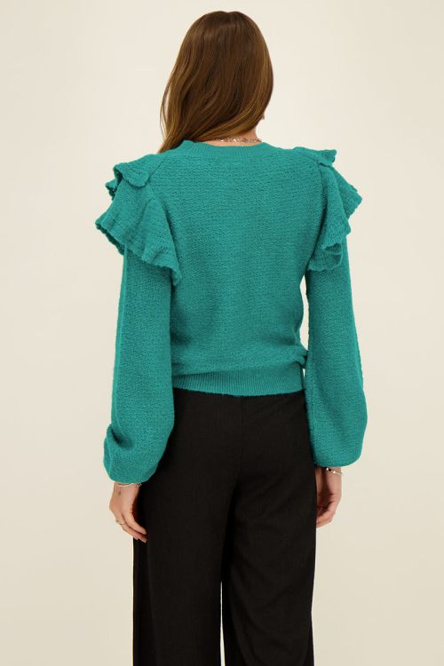 Turquoise trui met ruffles
