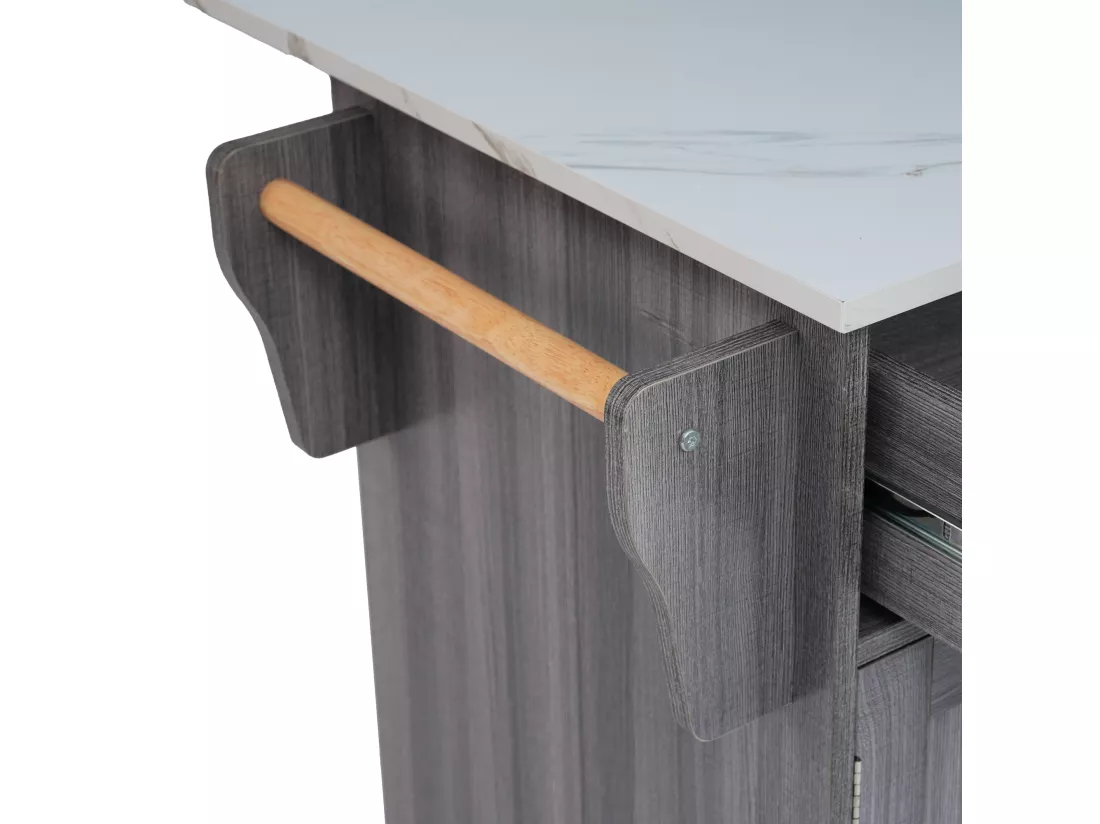 Ilot central de cuisine mobile - Plateau extensible - 2 tiroirs + portes d'armoire de rangement - Gris