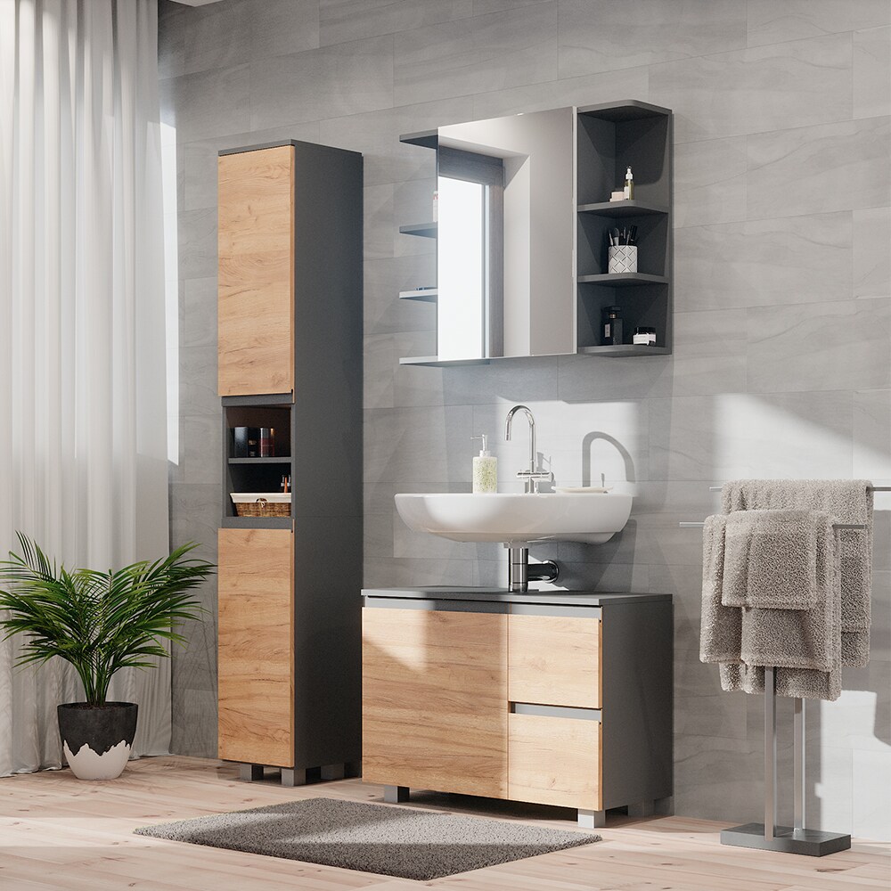 Vicco Hochschrank Badschrank Badezimmermöbel J-shape Anthrazit Eiche modern 30x190cm Badezimmer Schrank Badmöbel Schranktür Schrankfach Aufbewahrung Ablage