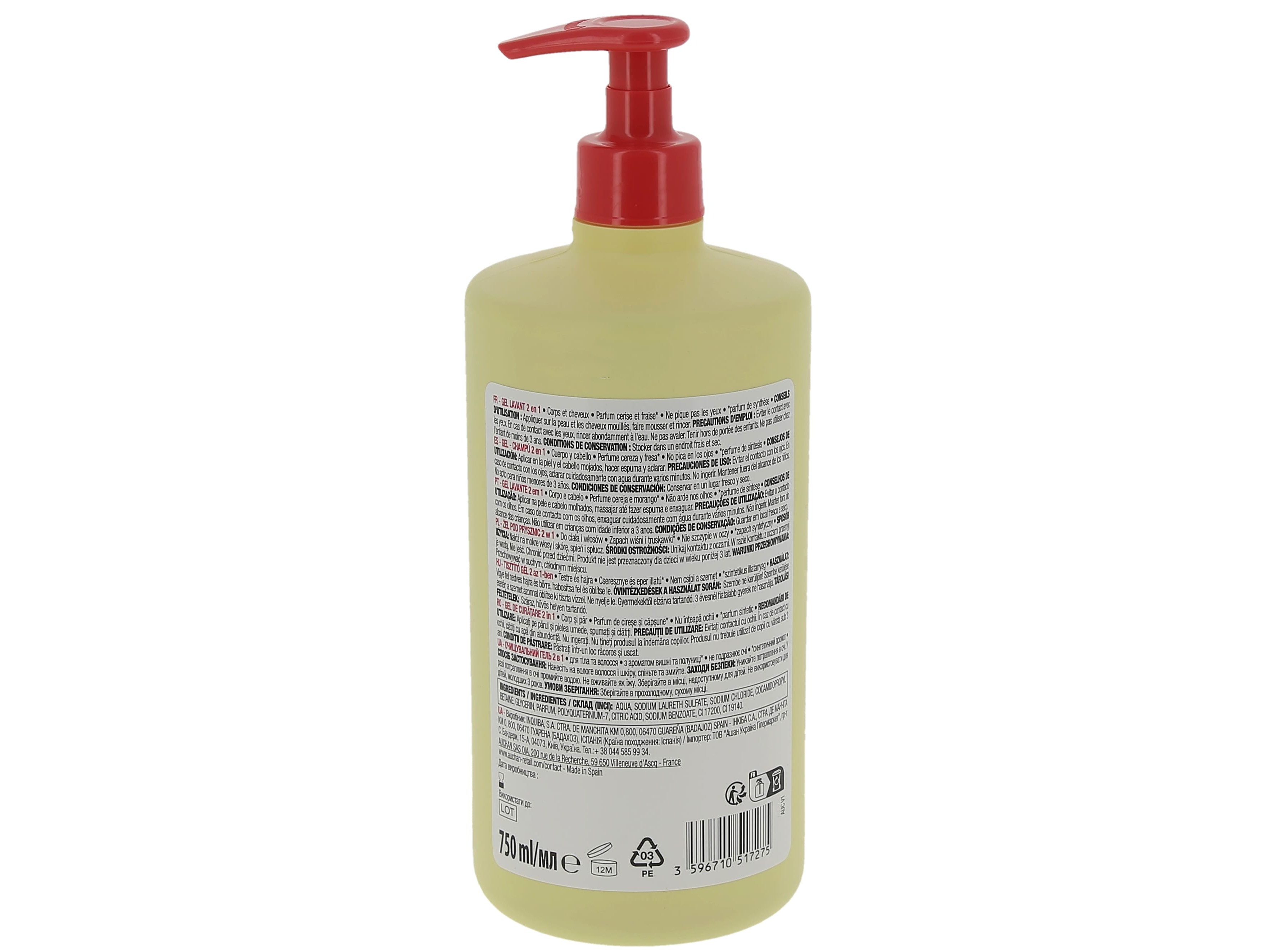 GEL BANHO PUMP AUCHAN KIDS 2EM1 CORPO E CABELO CEREJA MORANGO 750ML
