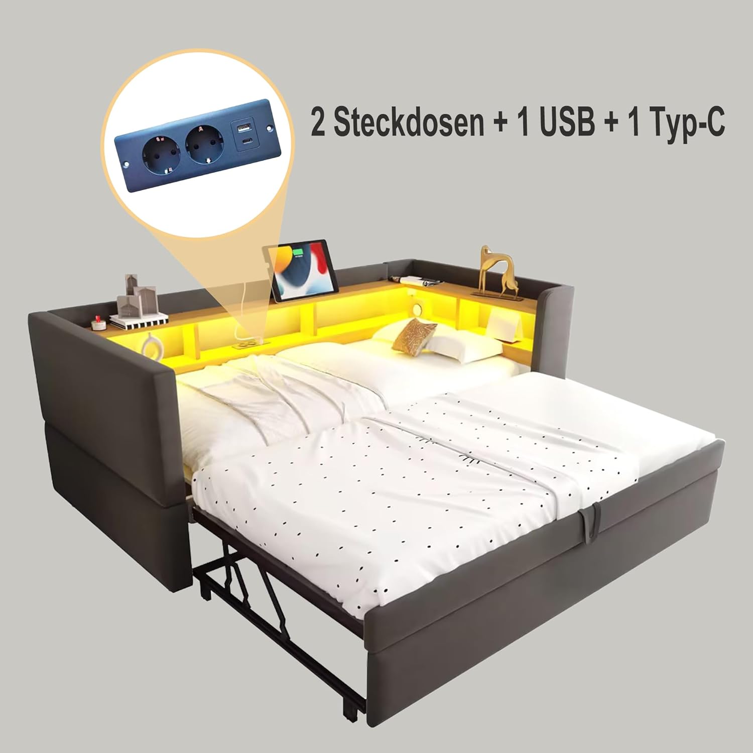 Polsterbett Ausziehbares Bett 90/180x190, Schlafsofa Bett mit LED-Beleuchtung, Ablagefächern & Ladestation,Tagesbett Funktionsbett Bettsofa Gästebett Jugendbett, Flannelette,Ohne Matratze (Dunkelgrau)