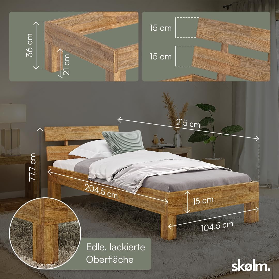 skølm Floki Massivholzbett 100x200 cm aus Eiche - hochwertiges Bettgestell - Bettrahmen mit Bettkopf - Holzbett in Natur geölt - Einzelbett 100x200 cm - Futonbett