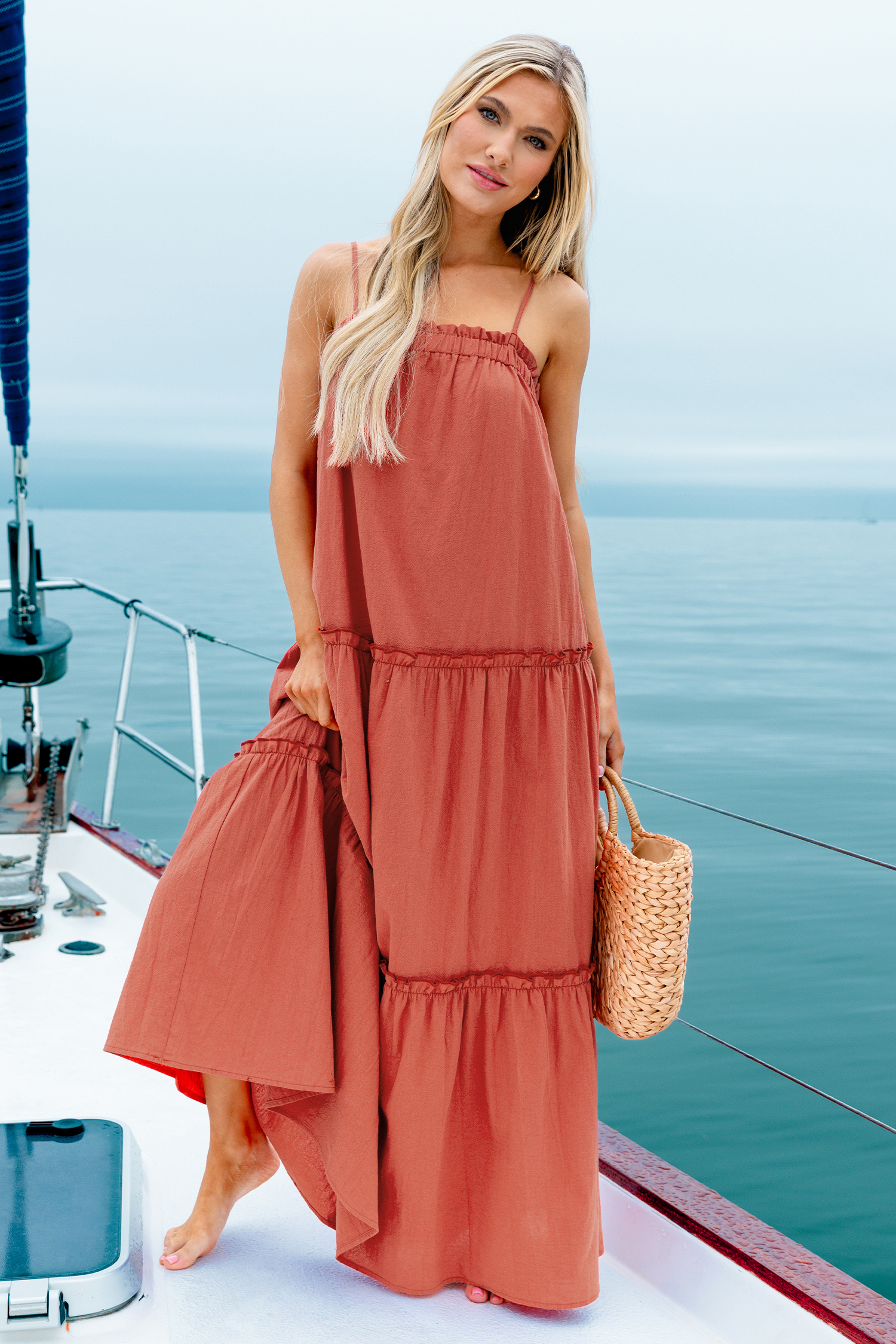Robe maxi en pur coton sans manche à col carré de couleur rouille