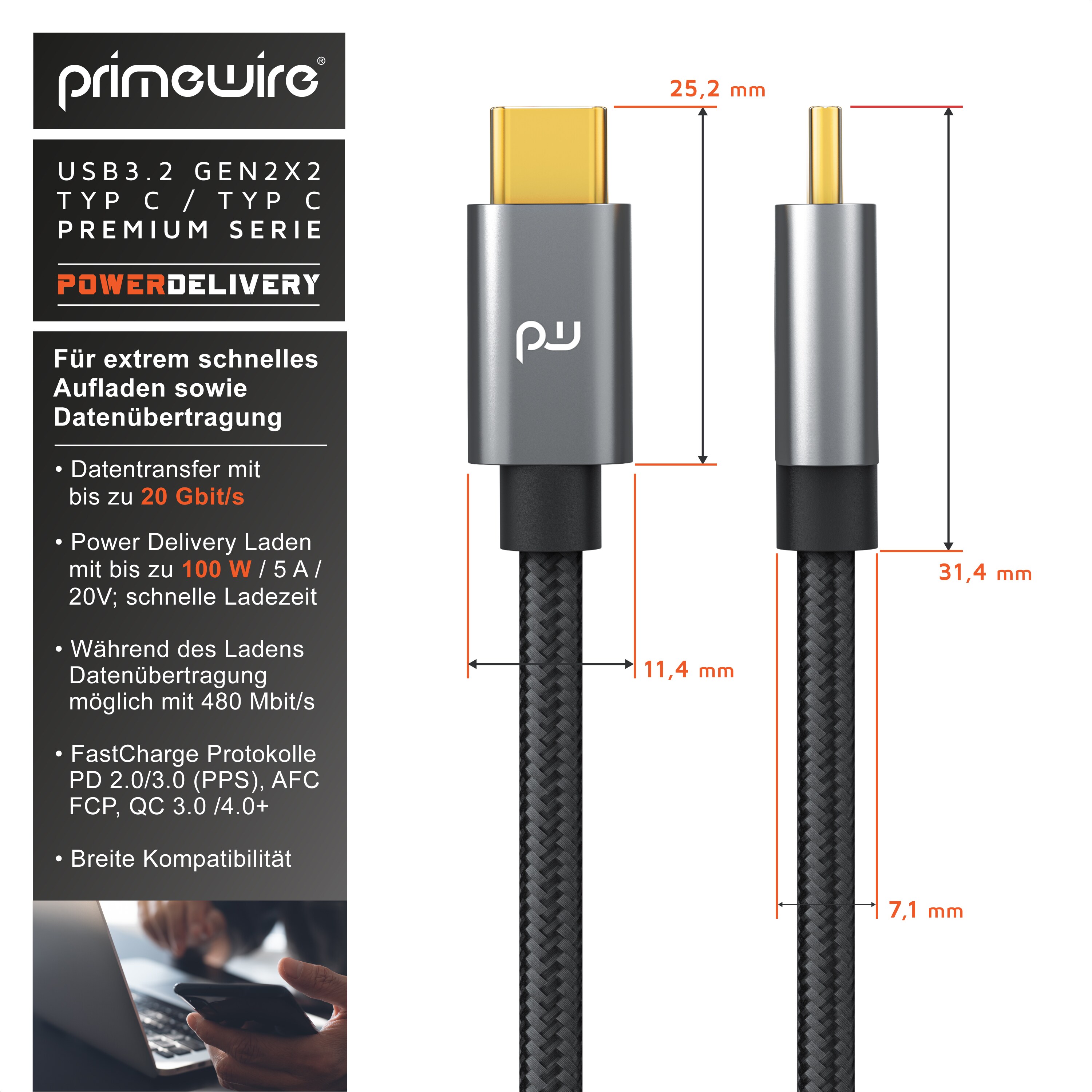 Primewire 1m USB C 3.2 Kabel Gen 2x2-100W PowerDelivery Ladekabel - Datenkabel 20 Gbit/s - Schnellladekabel - USB 3.2 Gen2x2 - Nylonummantelung - 1m