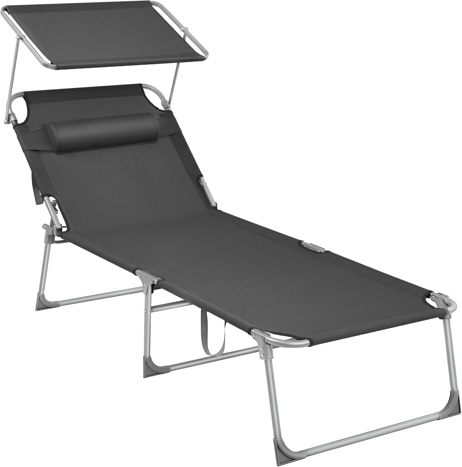 SONGMICS Sonnenliege groß, zusammenklappbar, Sonnenliege, 200 x 71 x 38 cm, Tragfähigkeit 150 kg, mit Sonnenblende und Verstellbarer Rückenlehne, für Garten, Pool, Terrasse, Dunkelgrau GCB22GYV2 WL9401903