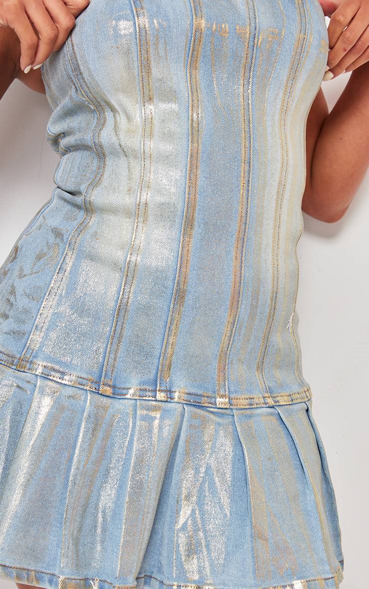 Bleu Robe Patineuse Bandeau En Denim Enduit Métallisé Doré