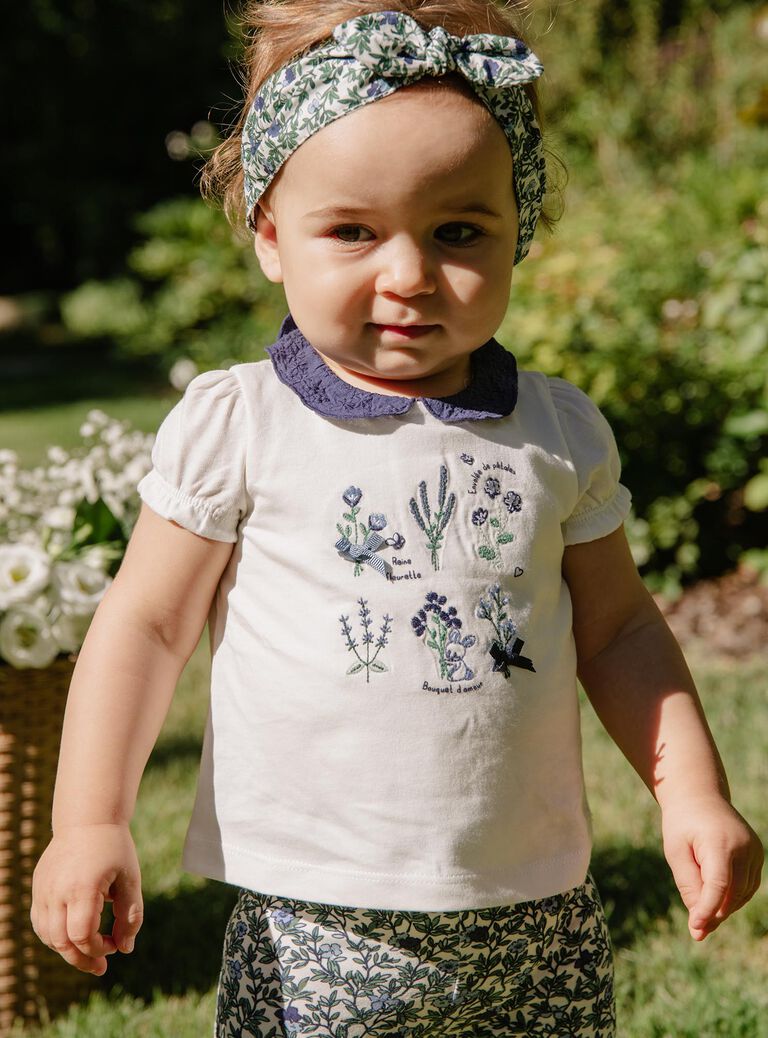 Body T-shirt écru à broderies fleuries