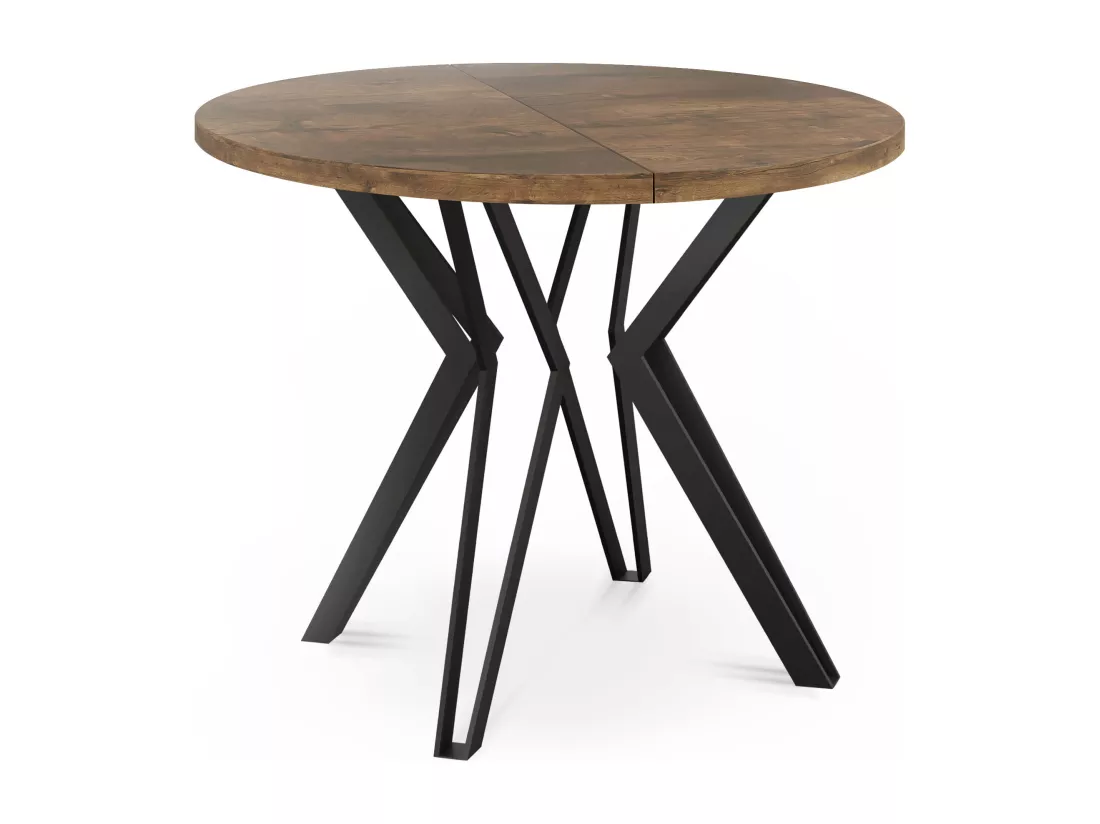 Table Ronde Salle à Manger - 120/196 Cm De Diamètre - Table à Rallonges Avec Pieds En Métal Noir - Style Industriel - Compacte - Chêne Lefkas