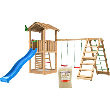 Jungle Gym Cottage 2.1 legetårn inkl. klatrevæg, rutsjebane og 120 kg sand